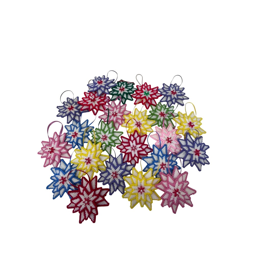 Handmade Plastic Canvas Star Ornaments Set Multi Color 3D Yarn 4 Inch 23 Count